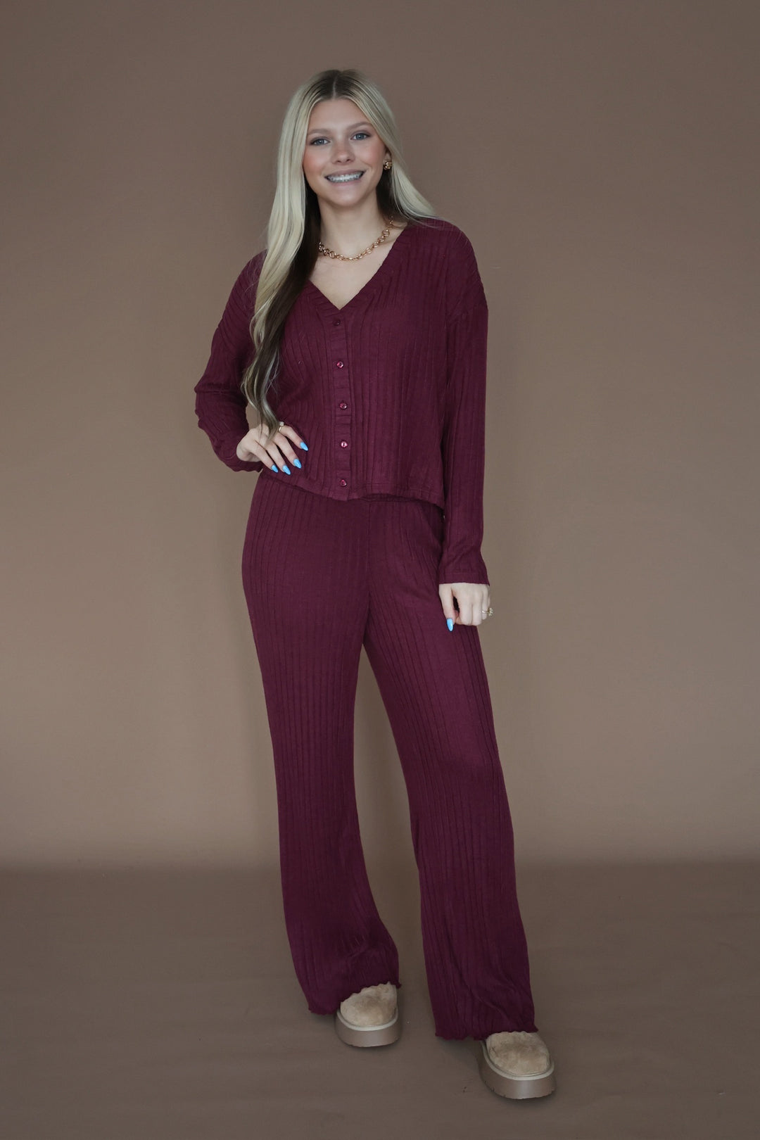 Dawn Smocked Rib Pant- Merlot
