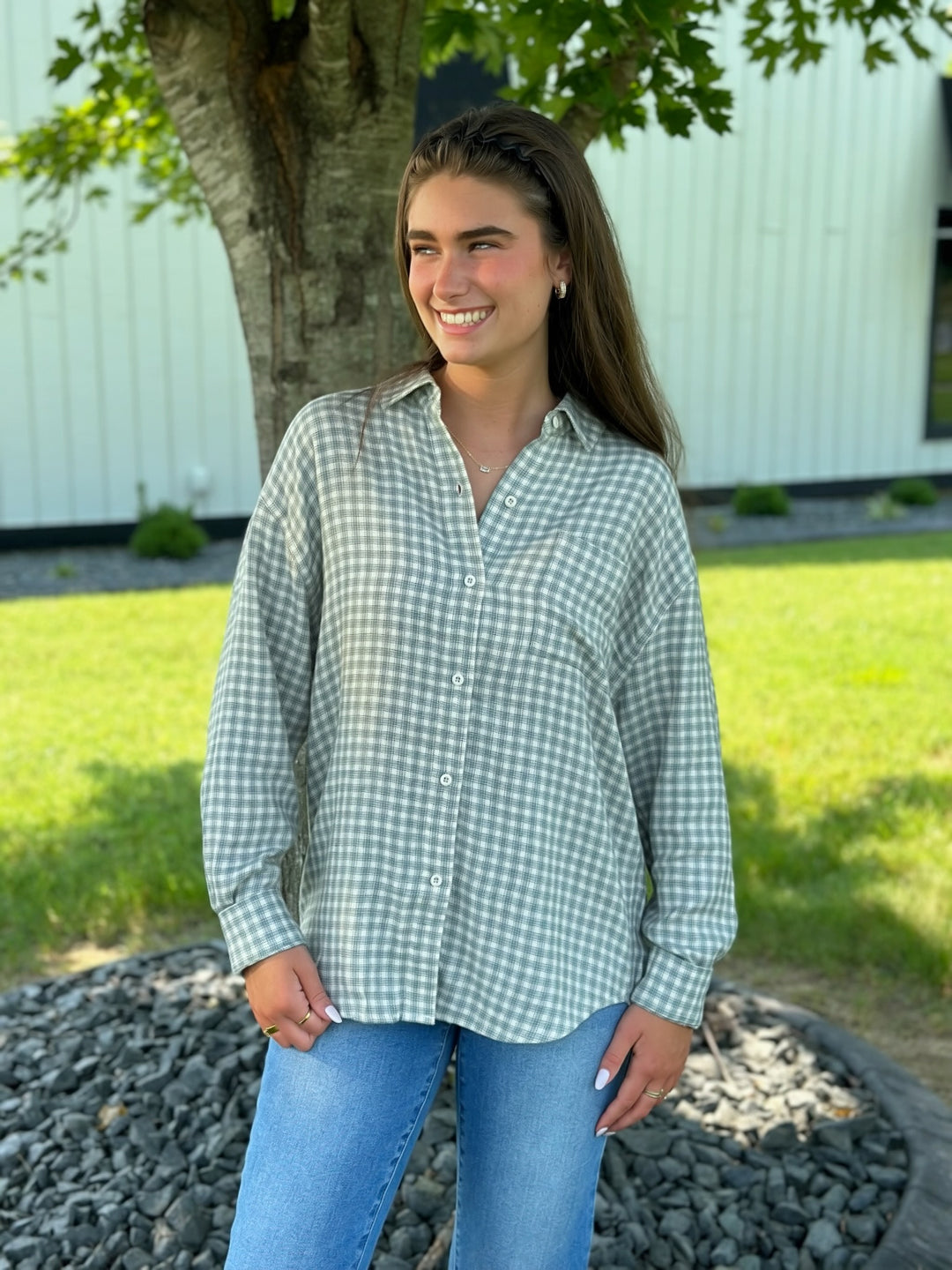 River Plaid Button Up- Emerald