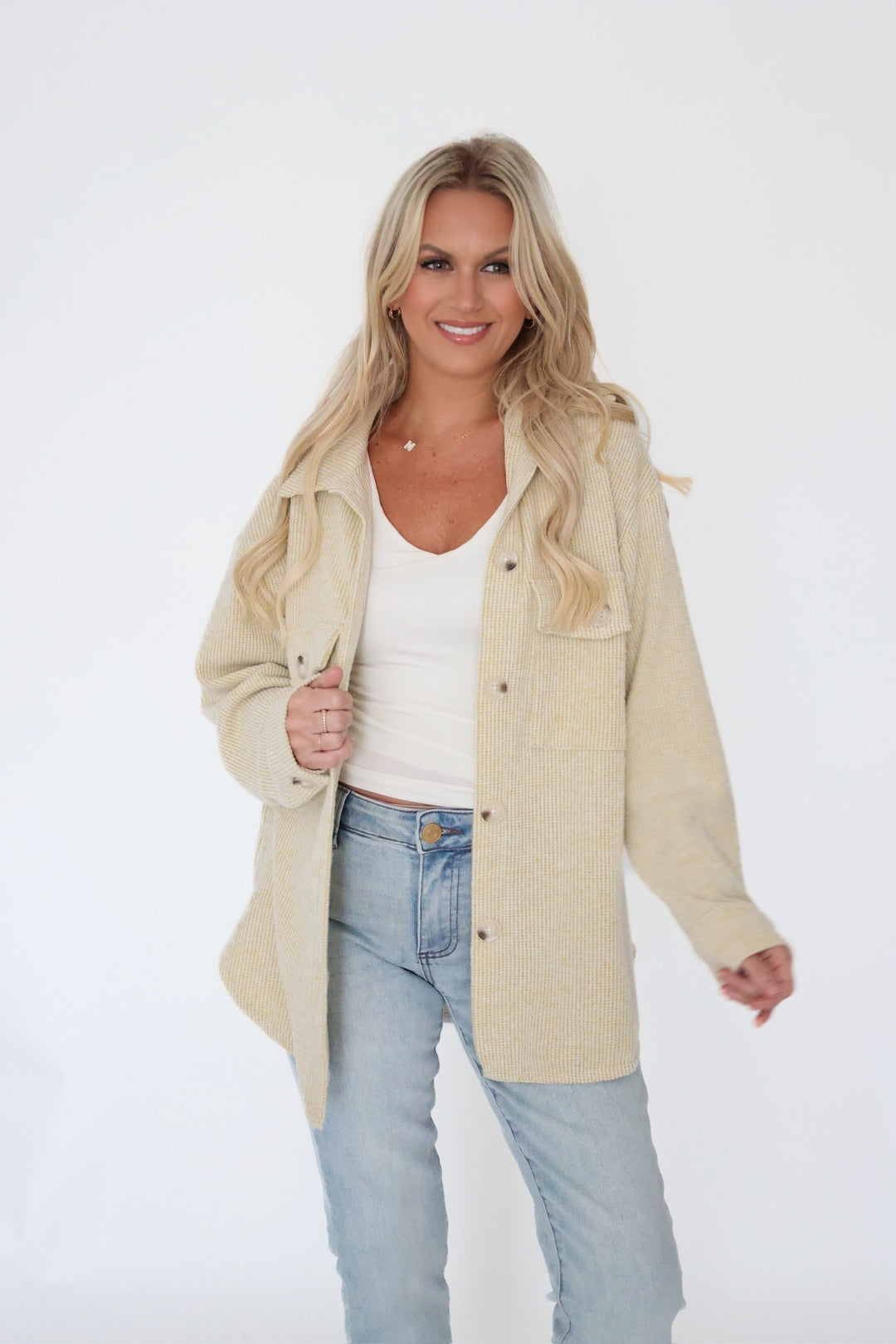 Ari Waffle Knit Shacket - Lime_(FINAL SALE)