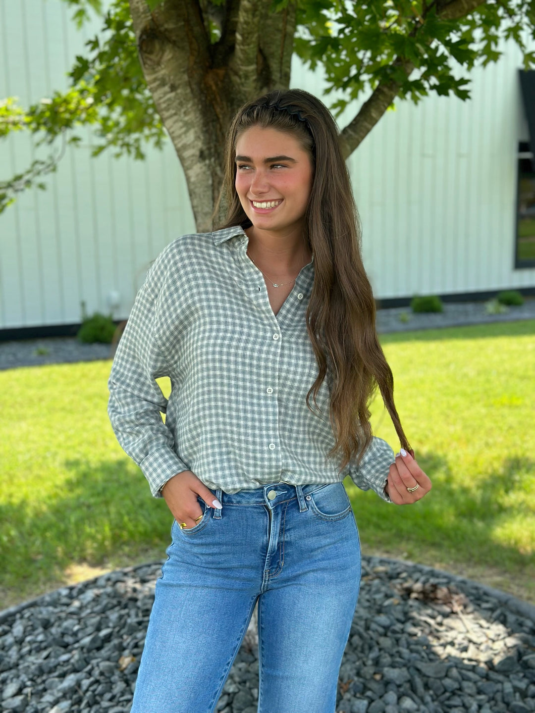River Plaid Button Up- Emerald