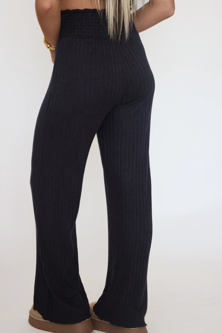 Dawn Smocked Rib Pant - Black Sand