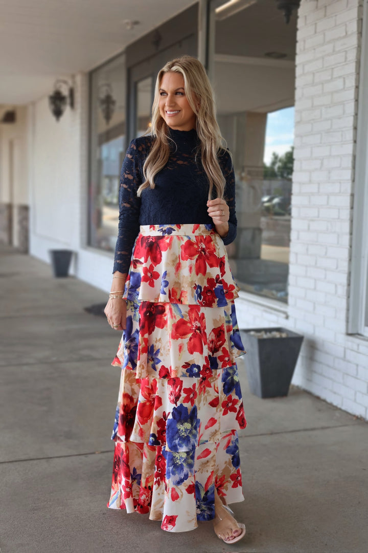 Garden Rose Maxi Skirt- Red