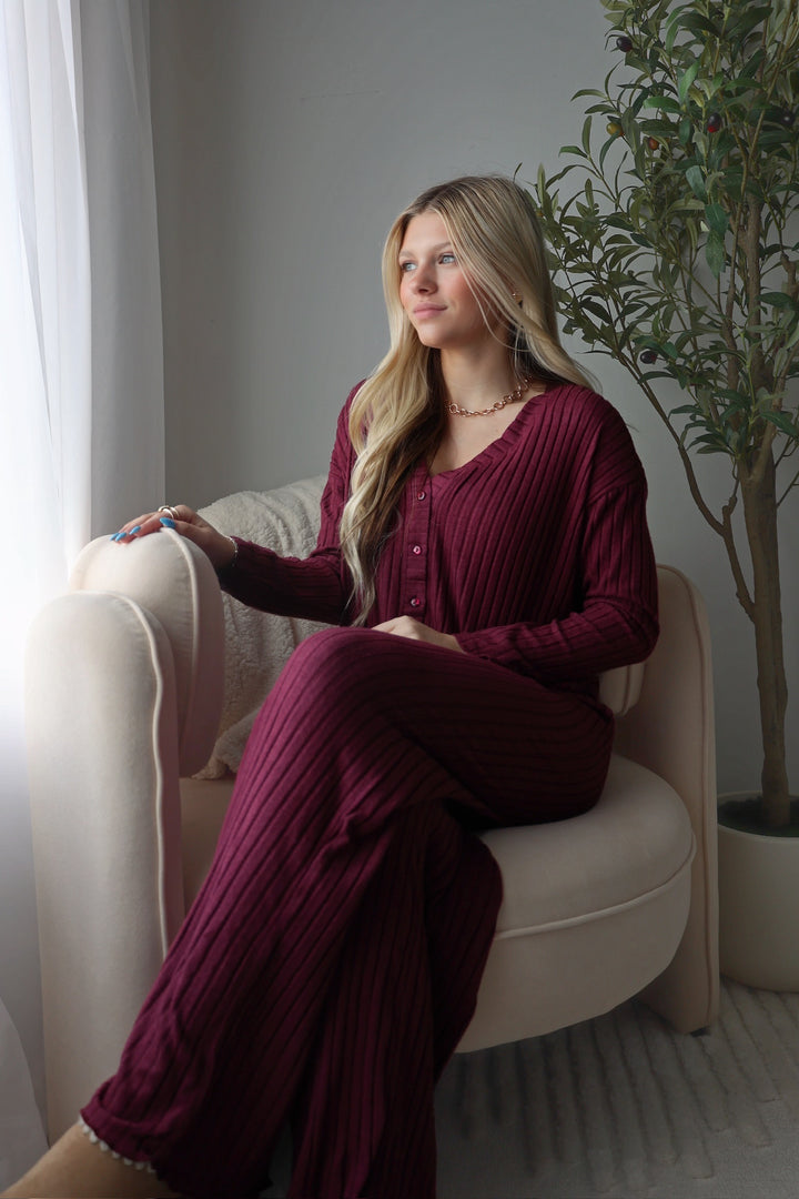 Dawn Smocked Rib Pant- Merlot