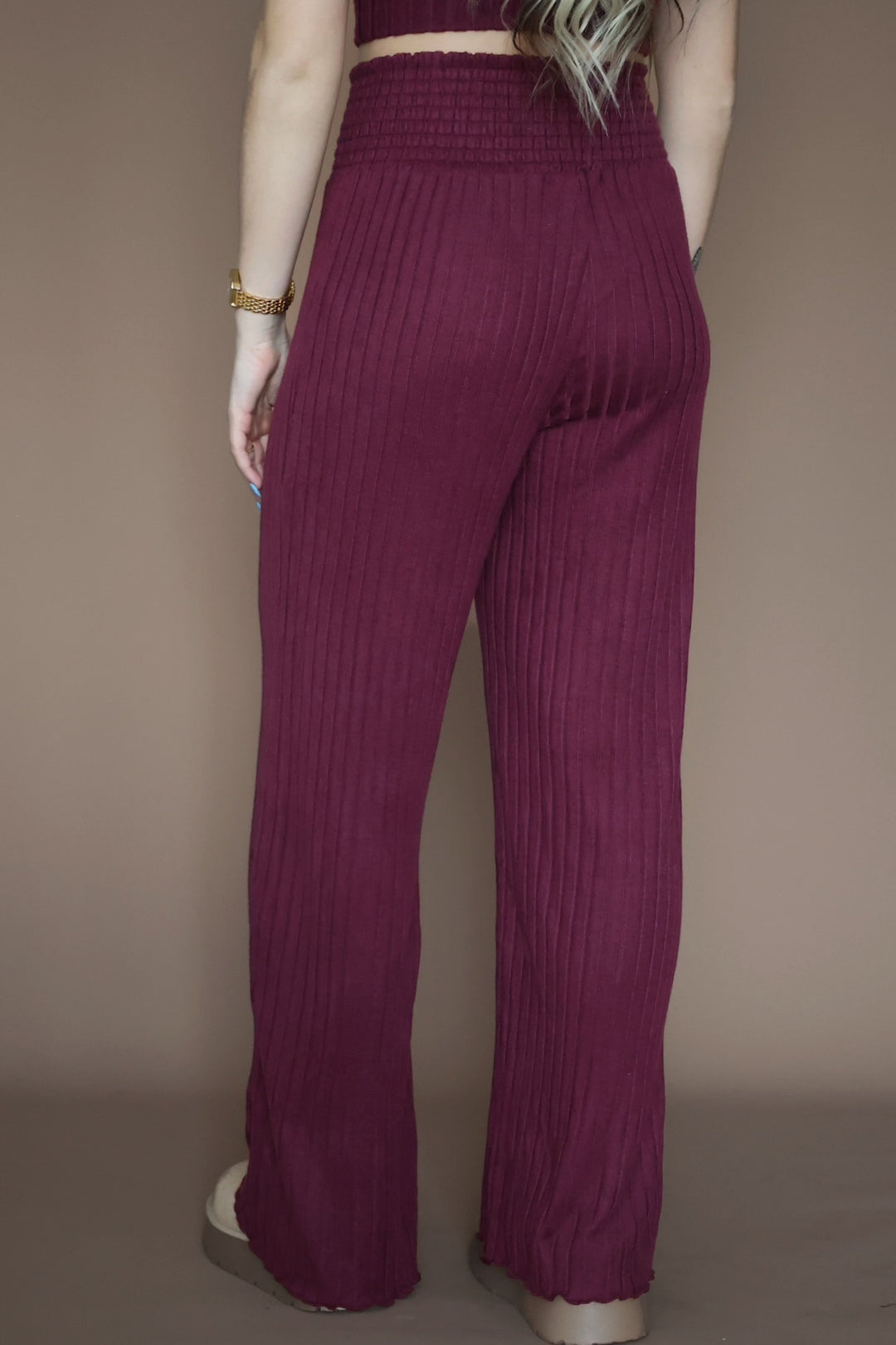 Dawn Smocked Rib Pant- Merlot