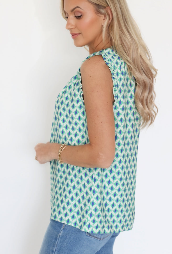 Stella Ruffle Neck Top - Green/Blue