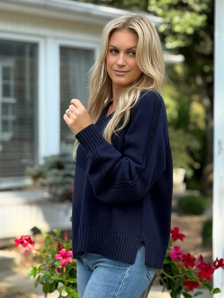 Stratton V Neck Sweater- Navy