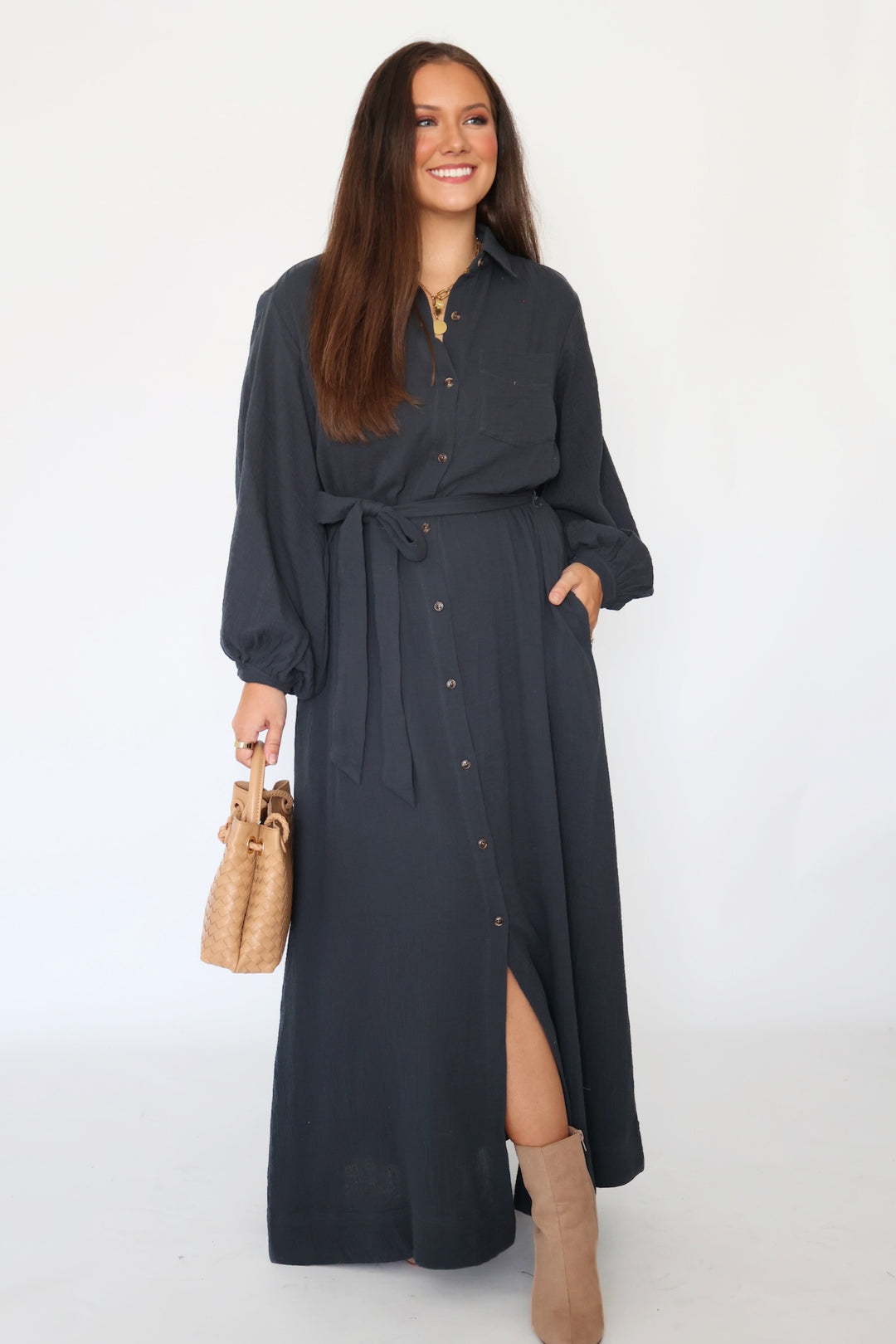 Falling For You Shirt Dress - Ash