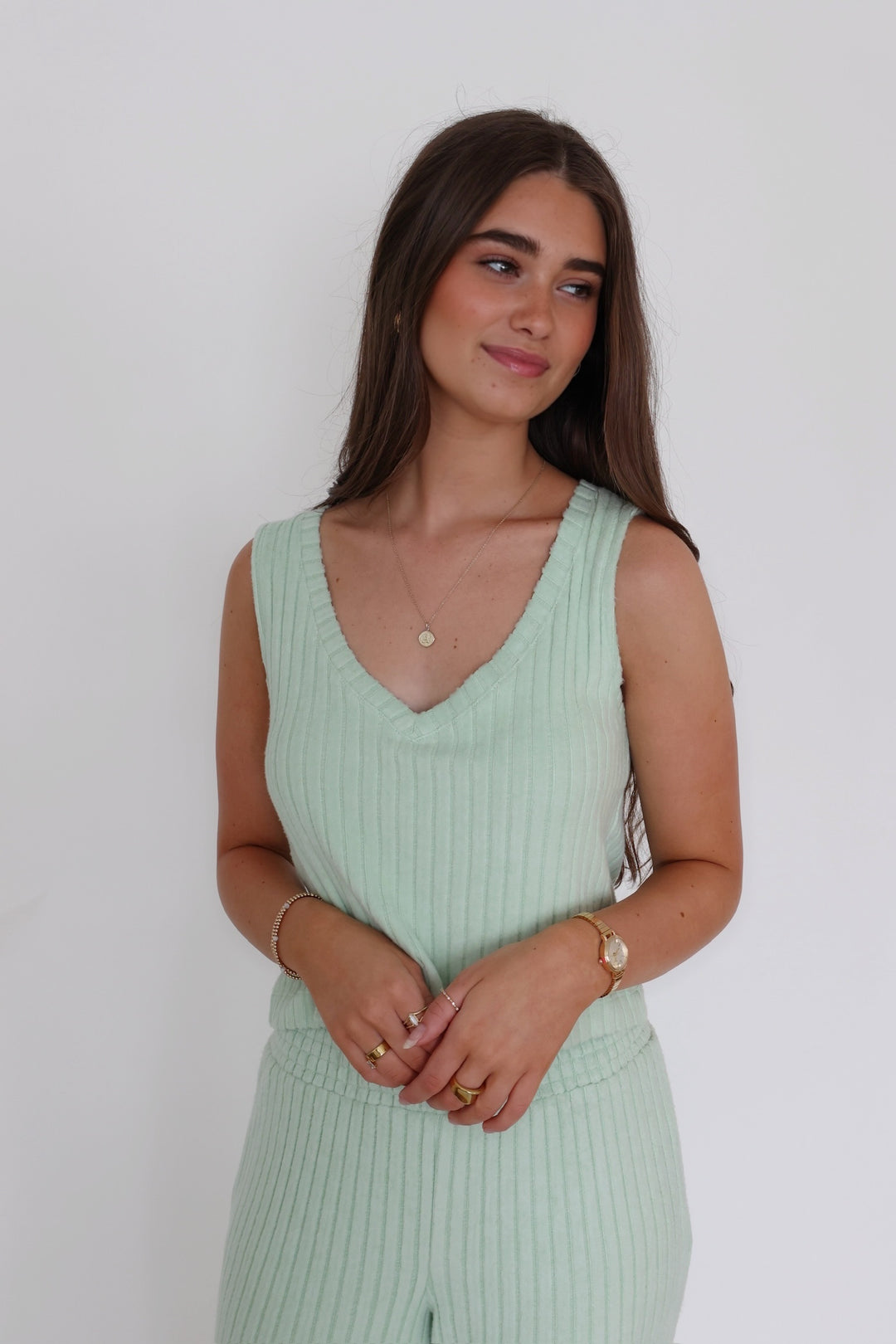 Sloane V-Neck Rib Tank- Pistachio