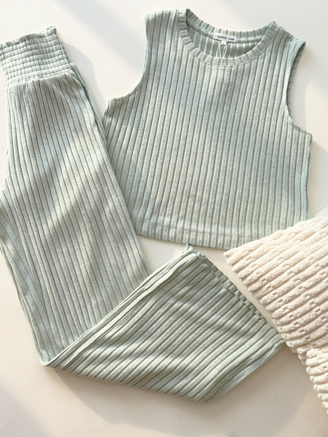 Dawn Smocked Rib Pant- Aqua Cloud