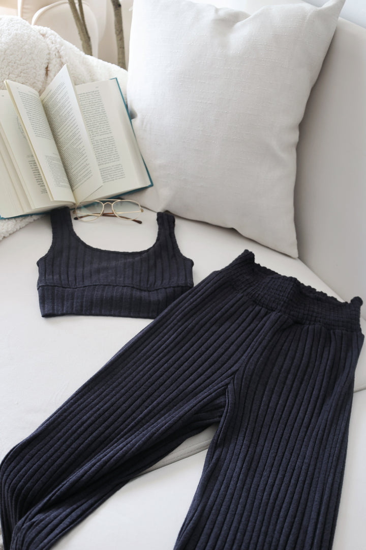 Dawn Smocked Rib Pant - Black Sand