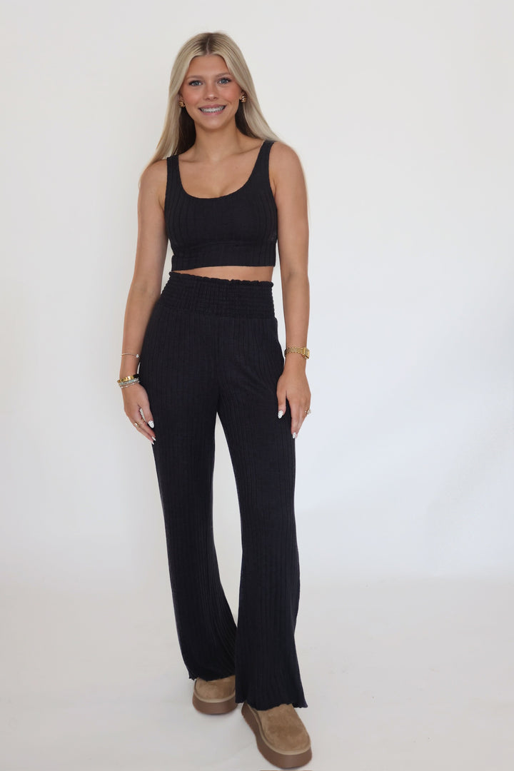 Dawn Smocked Rib Pant - Black Sand