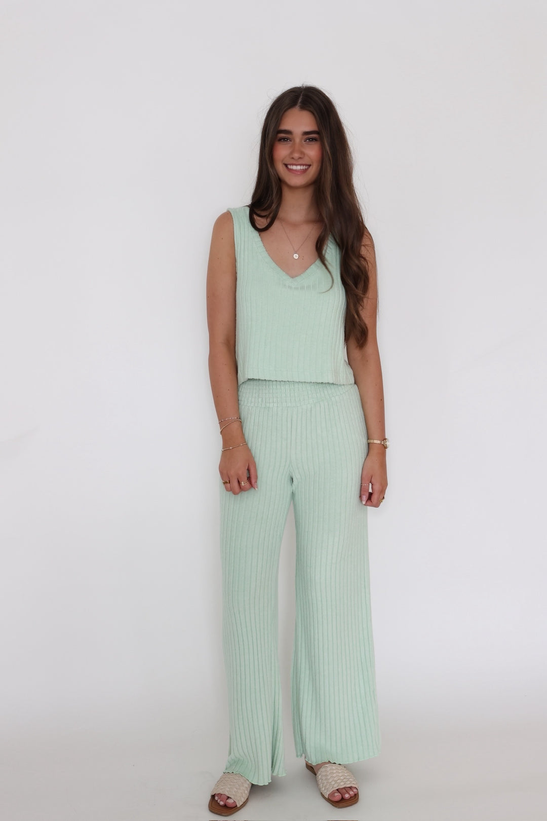 Sloane V-Neck Rib Tank- Pistachio