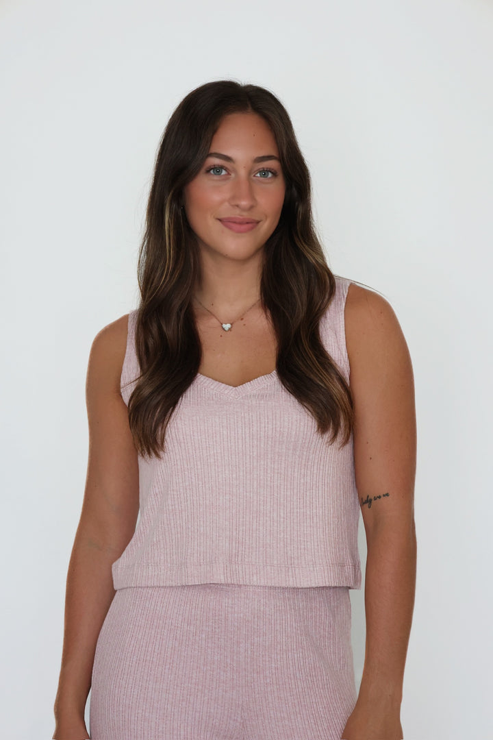 Sloane V-Neck Rib Tank - Pink Pearl